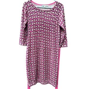 Boden 100% Wool Pink Geometric Print Dress Size 6 Belted 3/4 Sleeve